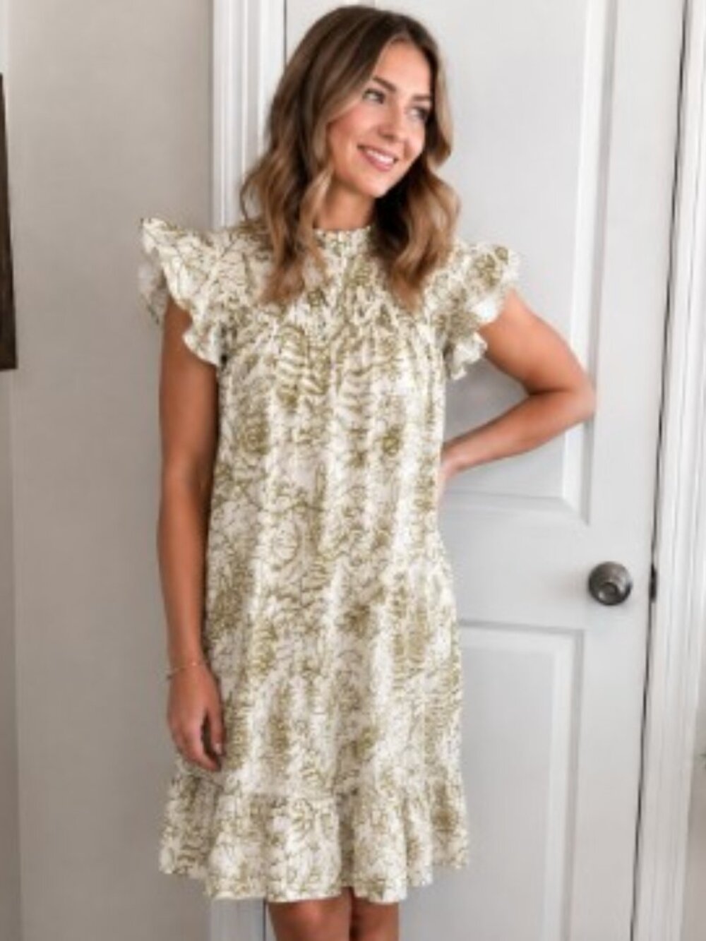 Aura White & Sage Green Botanical Print Tiered Dress Size Large *NWT